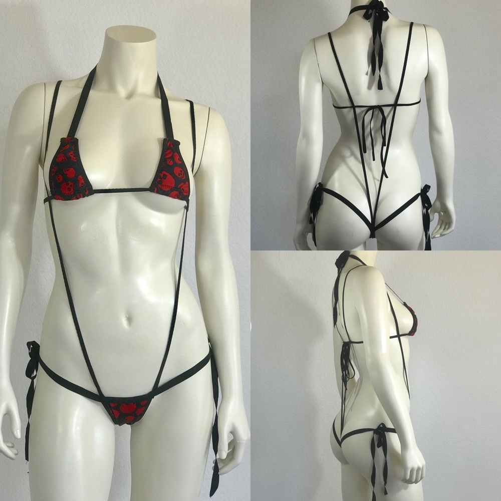New Red and Black slingshot skull GString bikini